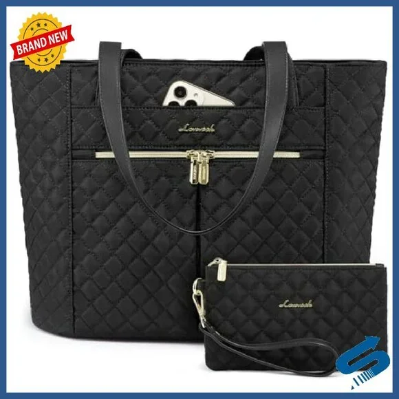 15.6 Inch Diamond Quilted Laptop Tote Bag with 13 Pockets & Clutch - Picture 2 of 7